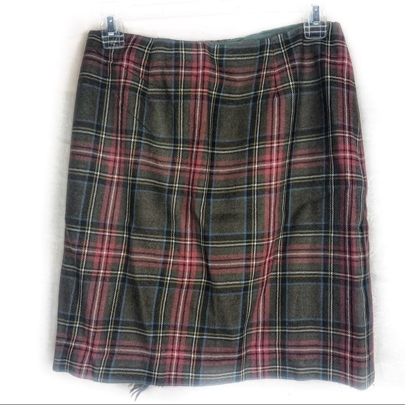 EUC-VINTAGE Rafaella Wool, Green/Orange Plaid, Fringe, Button Closure Wrap Skirt - Picture 5 of 8